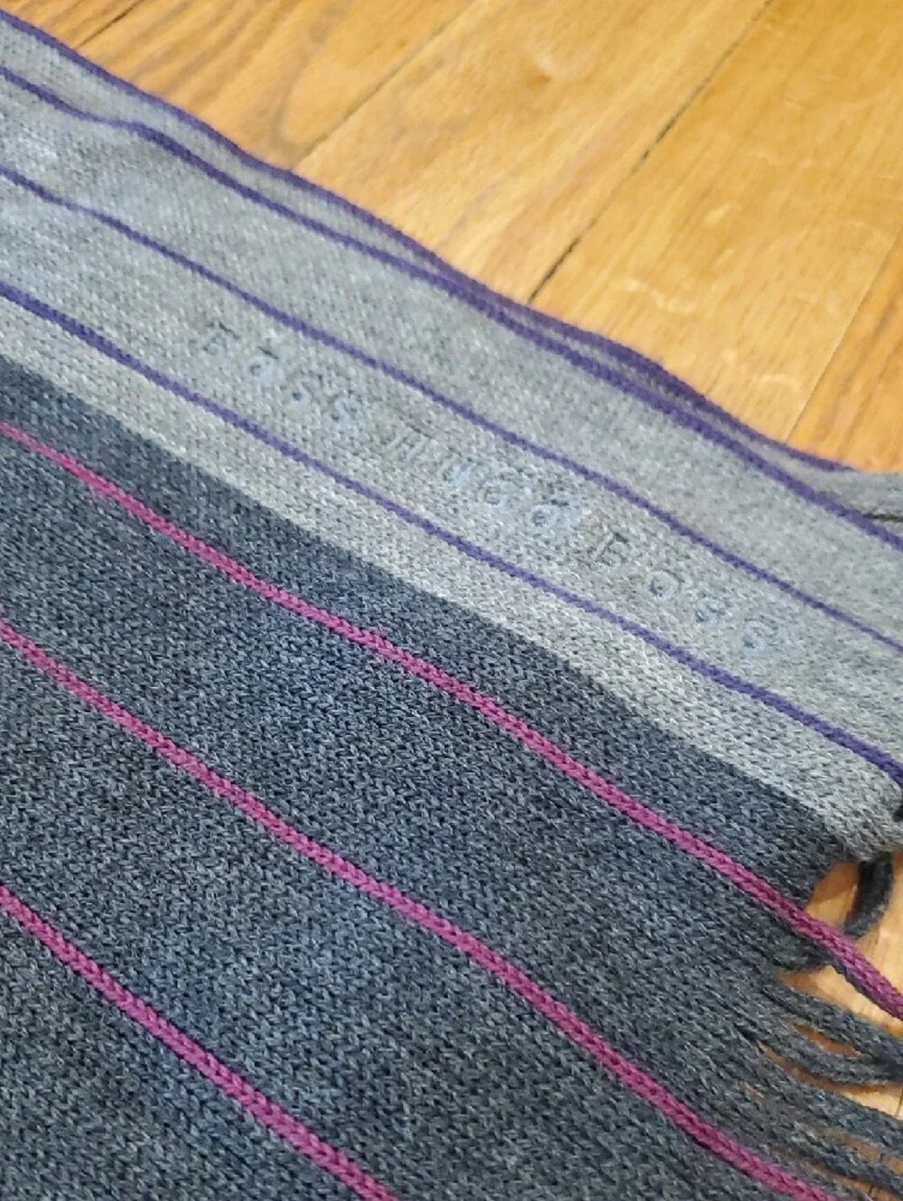 Hugo Boss Two-Tone Striped Scarf in Gray & Black with Subtle Purple Pinstripes